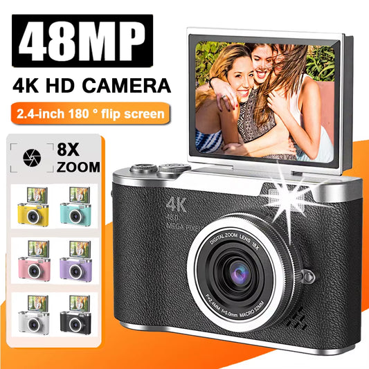 4K CCD Digital Camera for Student 48MP Compact Digital Photography Camera 180°Flip Screen Selfile Camera for Kid Adult Beginners